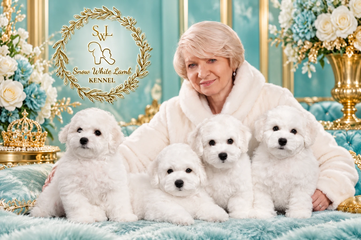 Snow White Lamb: заводчик с четырьмя белоснежными щенками